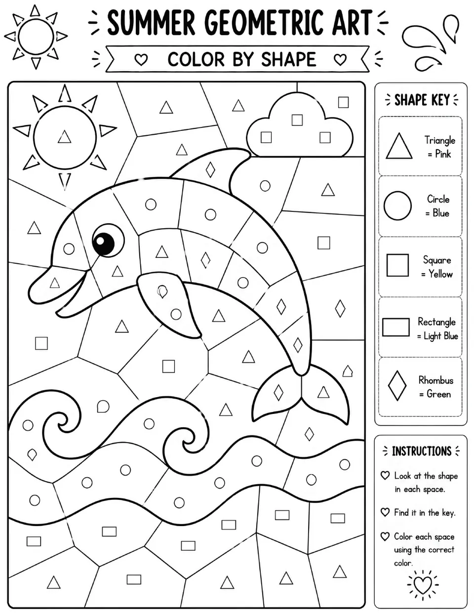 Leaping dolphin over waves color by shape: students match 5 shapes to the key, coloring triangles pink and circles blue