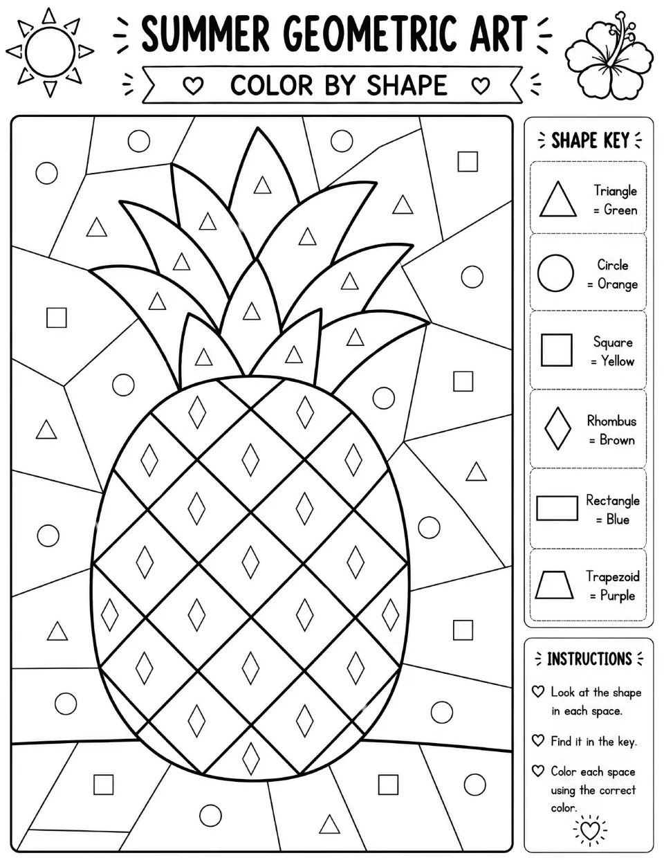Pineapple color by shape: students spot rhombuses on the fruit, triangles on the leaves and 4 other shapes, then color each
