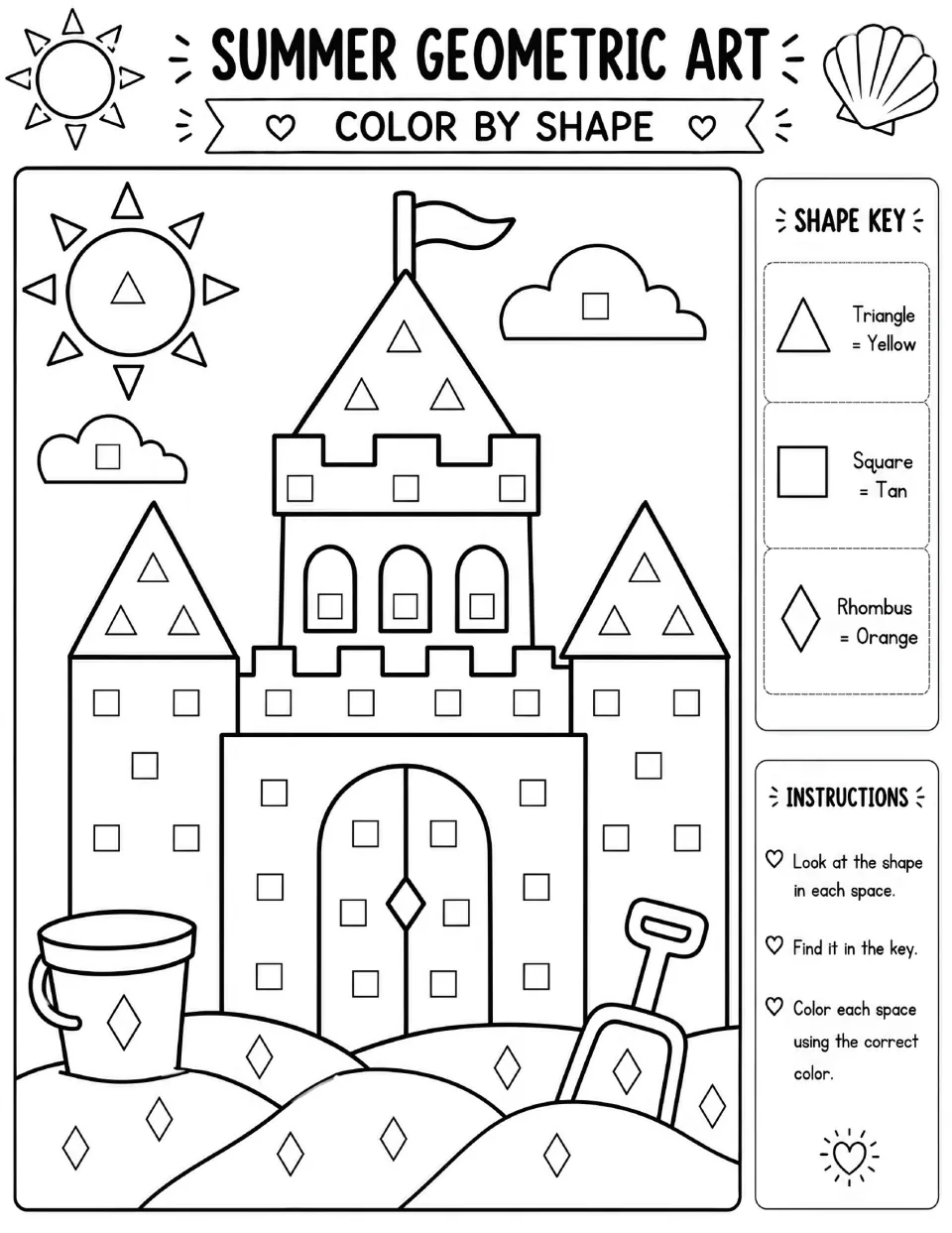 Sandcastle color by shape: students color triangles yellow, squares tan and rhombuses orange using a three-shape key