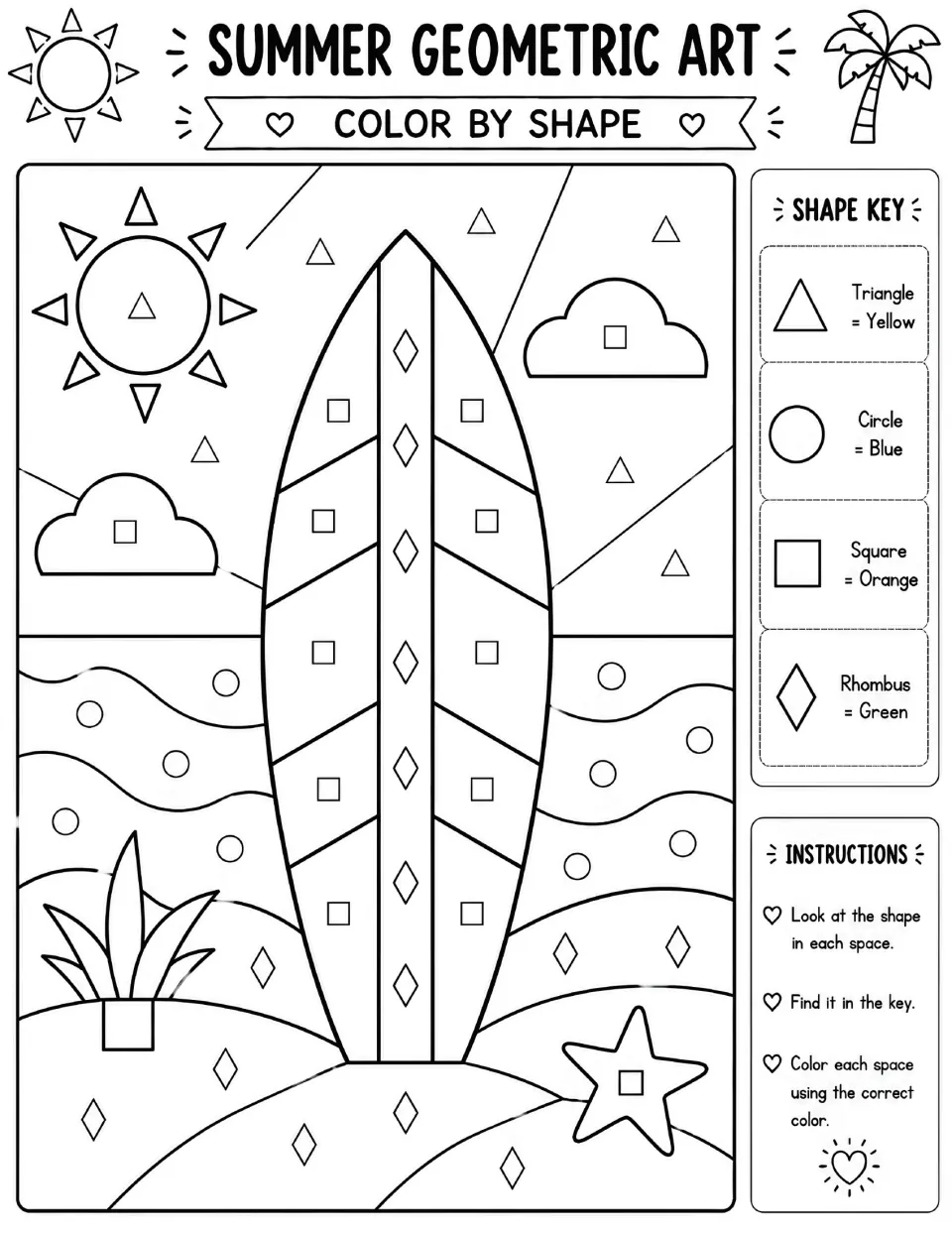 Surfboard color by shape: students match triangles, circles, squares and rhombuses to yellow, blue, orange and green