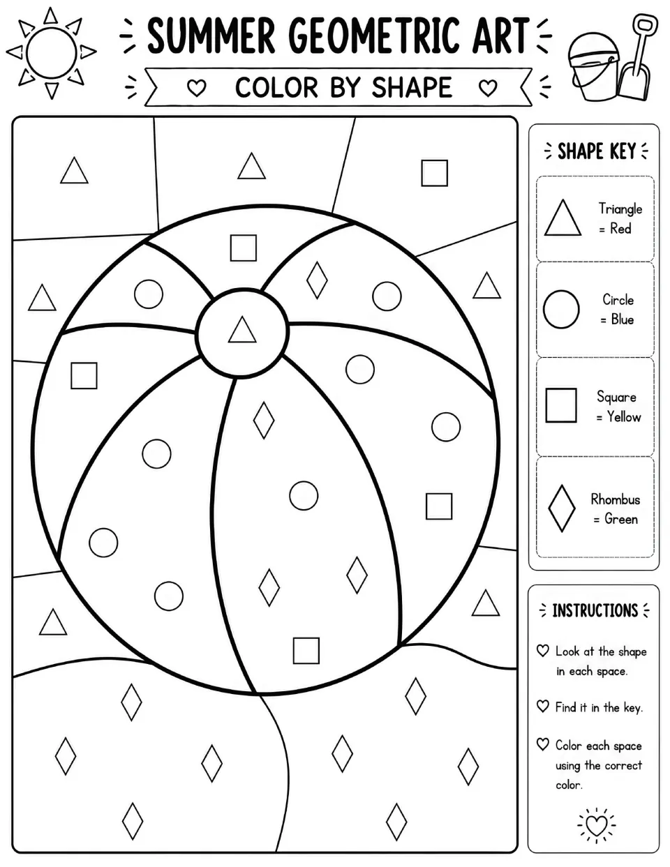 Beach ball color by shape: students color circles blue, squares yellow, triangles red and rhombuses green