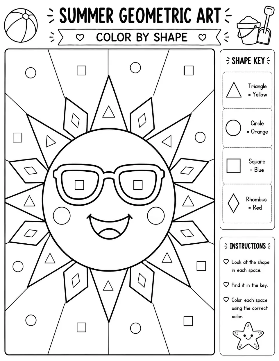 Smiling sun in sunglasses color by shape: students color rays and sky by shape, triangles yellow and rhombuses red