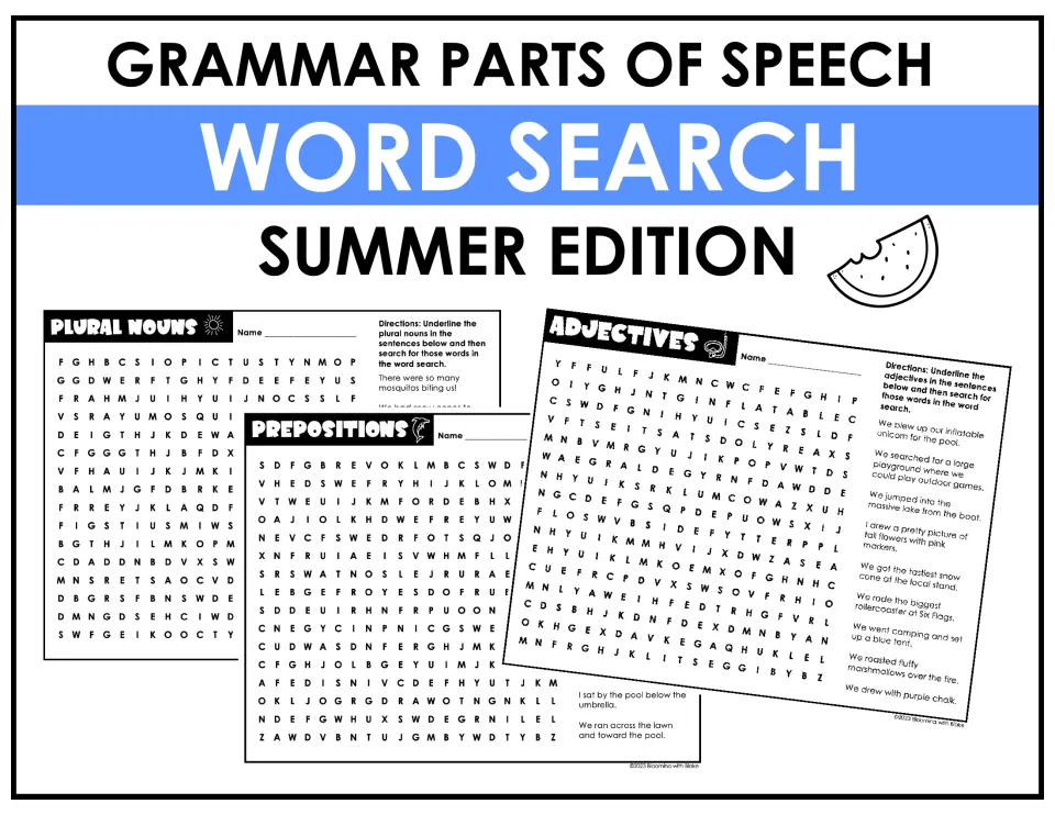 Grammar parts of speech word search, summer edition: cover previews the plural nouns, prepositions and adjectives puzzles