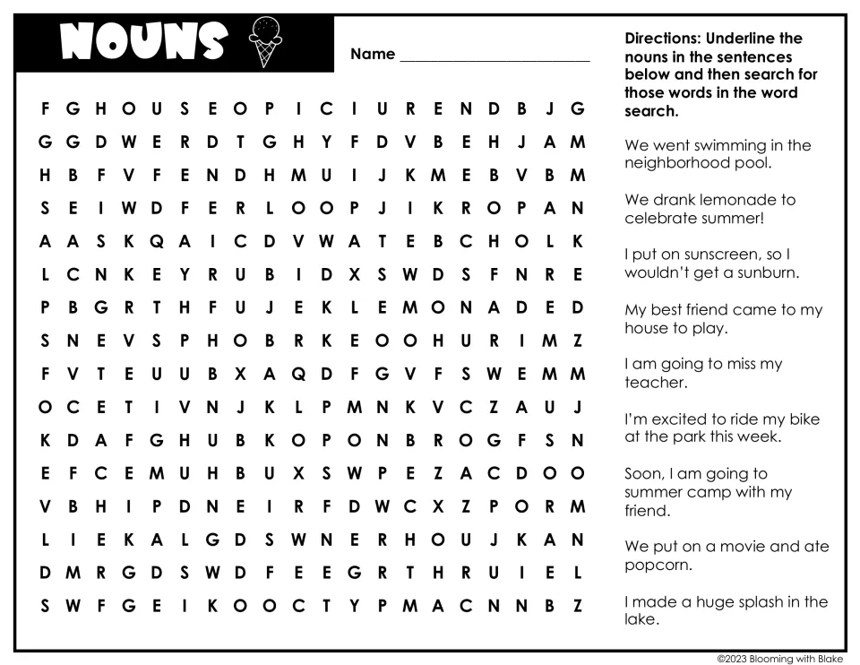 Nouns: students underline the nouns in 10 summer sentences, such as lemonade and pool, then find each noun in the puzzle