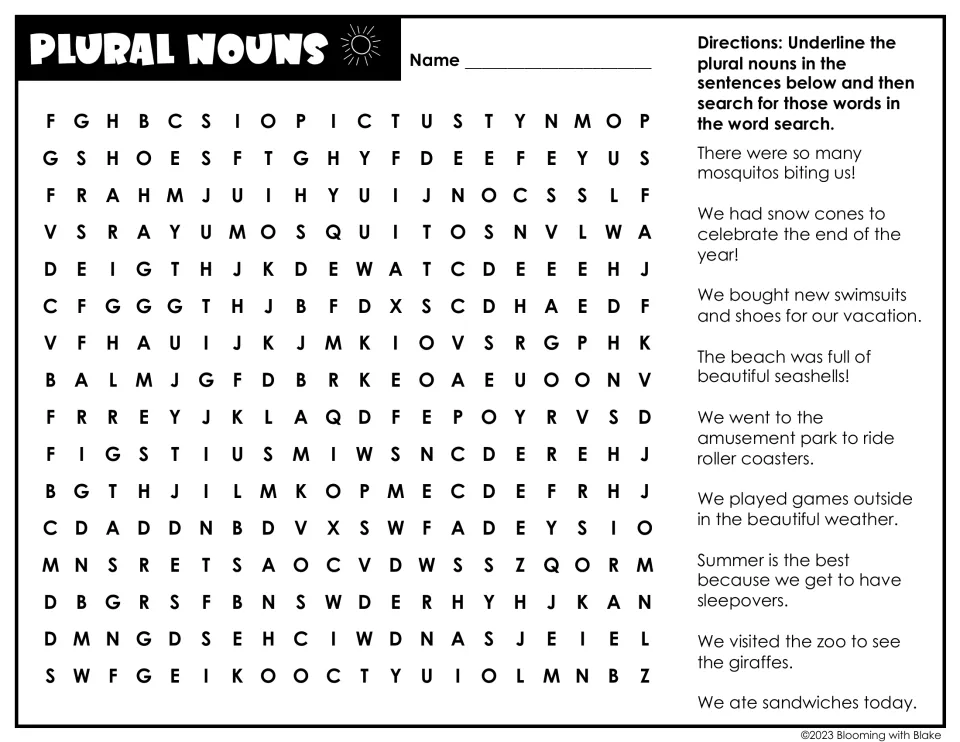 Plural nouns: students underline plurals like mosquitos, seashells and giraffes in summer sentences, then circle them
