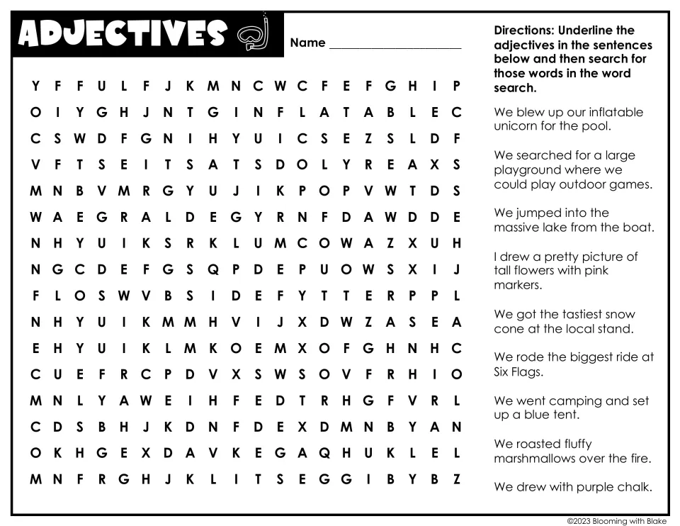 Adjectives: students underline describing words like inflatable, massive and fluffy in summer sentences, then hunt for them