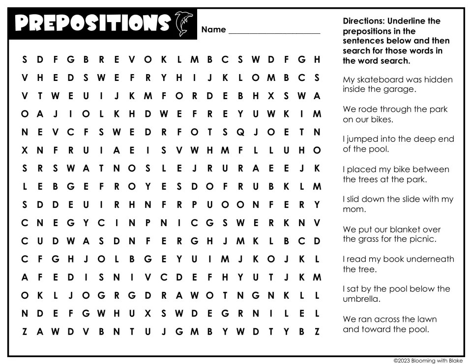 Prepositions: students underline words like inside, between and underneath in summer sentences, then find them hidden