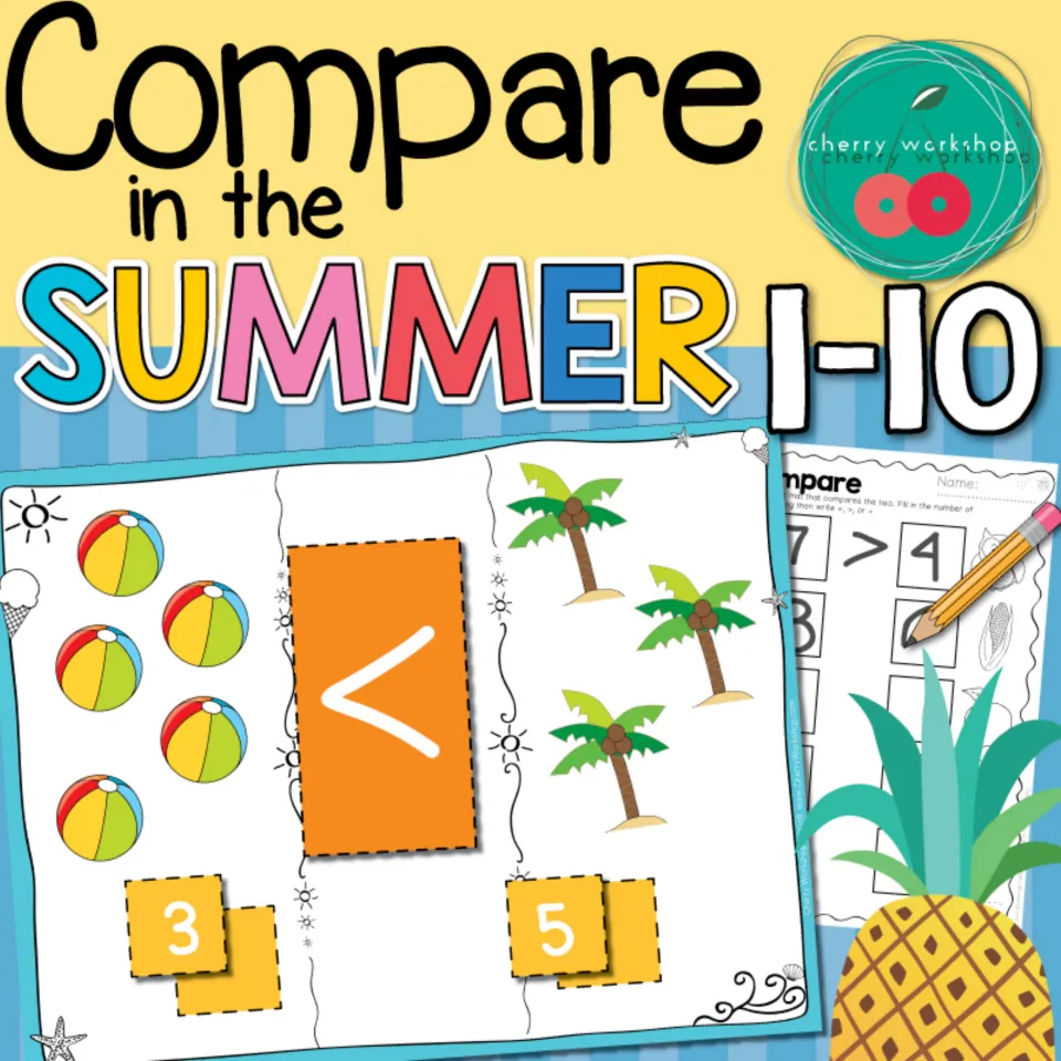 Compare in the Summer 1-10 cover: a beach ball and palm tree card with a < sign, number cards and a worksheet