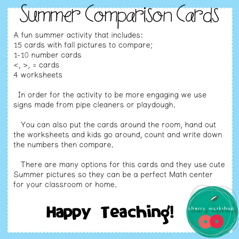 Summer Comparison Cards overview: lists 15 picture cards, 1-10 number cards, <, >, = sign cards and 4 worksheets