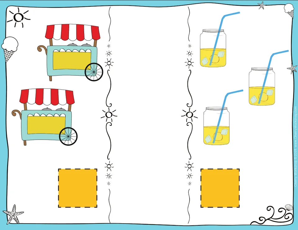 Comparing numbers to 10: students count 2 food carts and 3 lemonade jars, place number cards and a sign between them