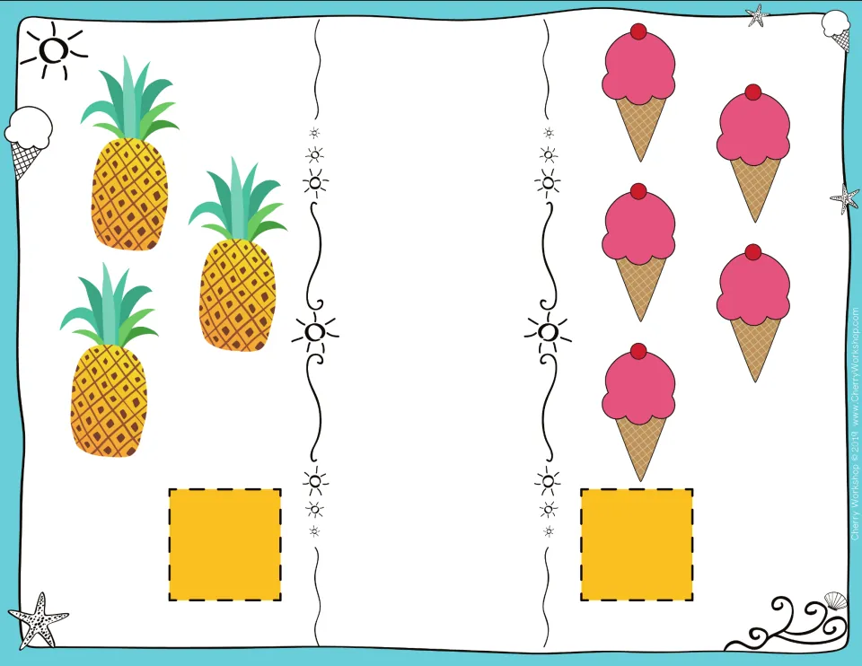 Comparing quantities: students count 3 pineapples and 5 ice cream cones, then add number cards and a comparison sign
