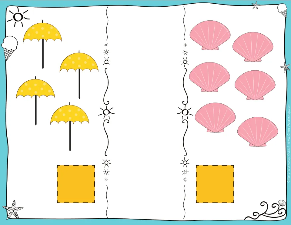 Counting and comparing sets: students count 4 yellow umbrellas and 6 pink seashells, then compare the totals