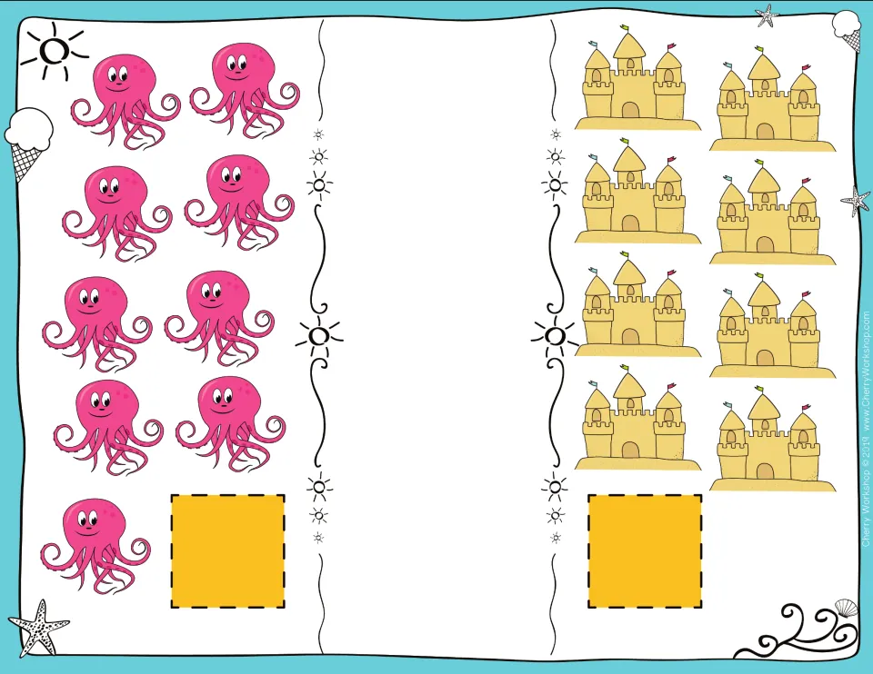 Greater than practice: students count 9 octopuses and 8 sandcastles, set number cards under each and place the sign
