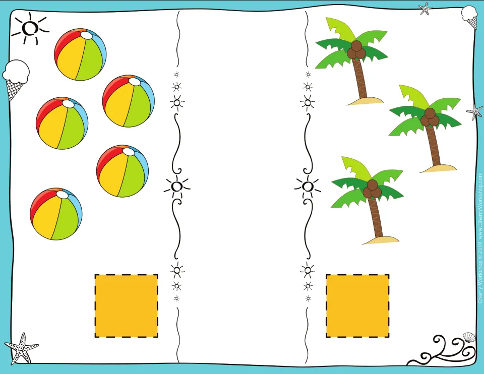 Comparing groups of objects: students count 5 beach balls and 3 palm trees, then show which number is greater with a sign