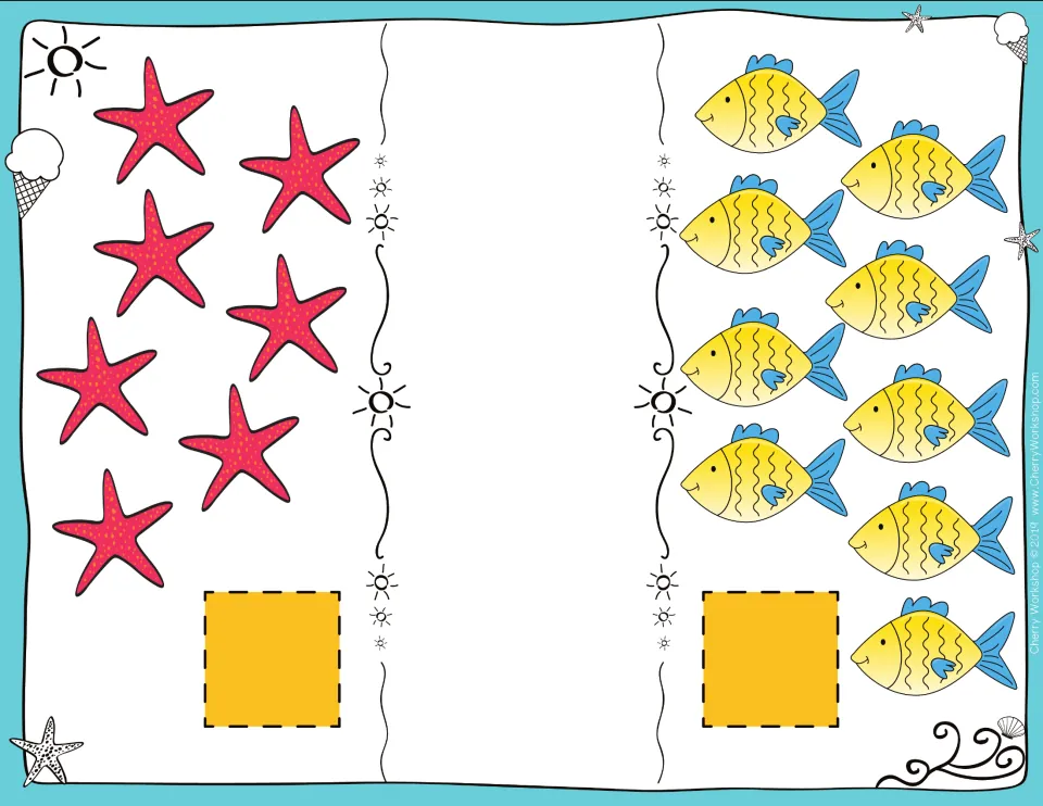 Less than practice: students count 7 red starfish and 8 yellow fish, place number cards and choose the comparison sign