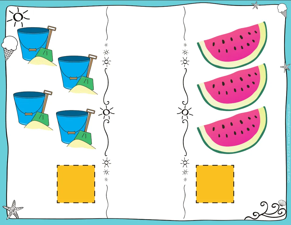 Number comparison card: students count 4 sand buckets with shovels and 3 watermelon slices, then compare with <, > or =