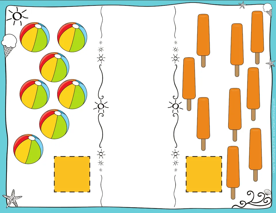 Comparing larger sets: students count 7 beach balls and 9 orange ice pops, add number cards and pick the matching sign