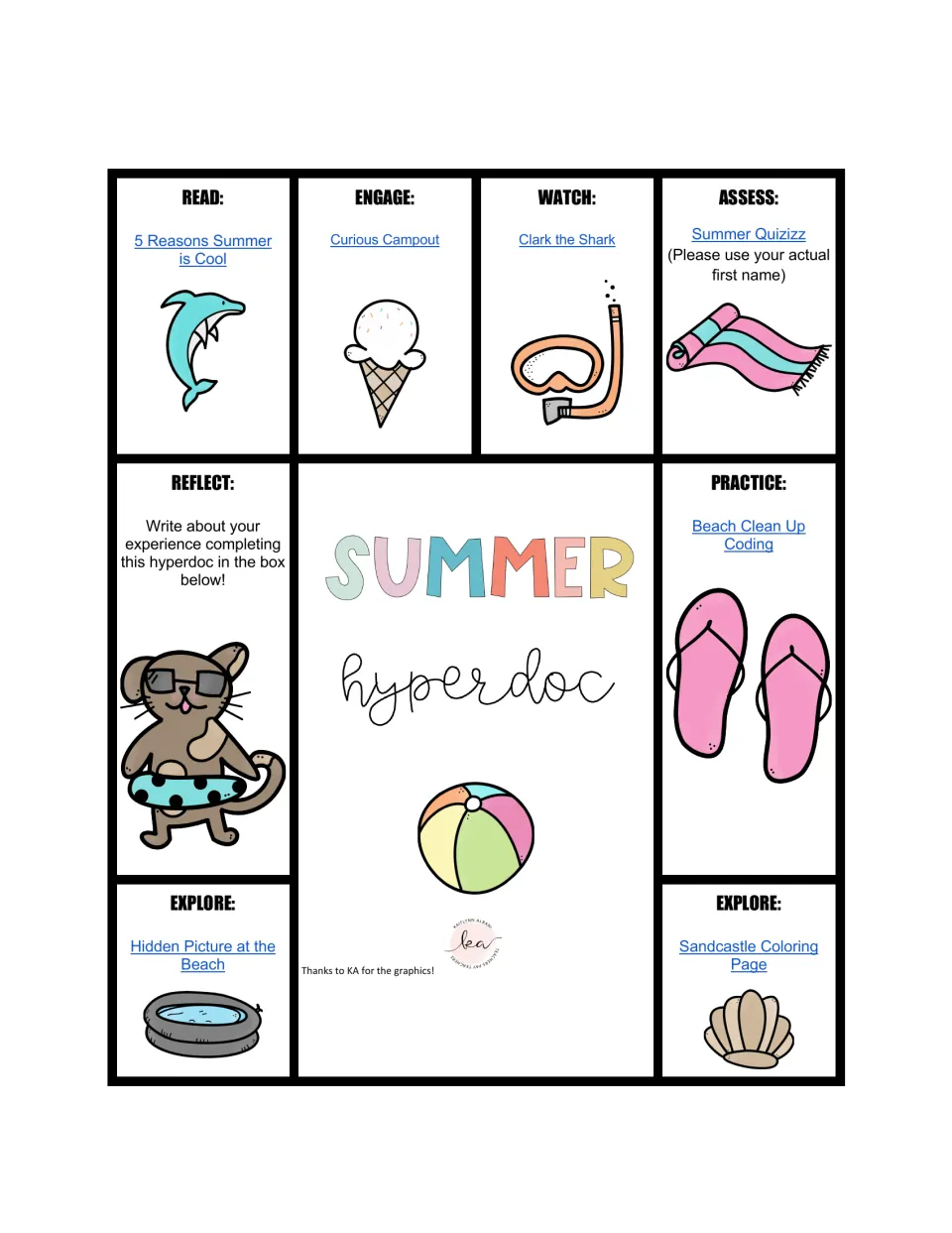 Summer activity hyperdoc links to 5 Reasons Summer is Cool, Curious Campout, Clark the Shark, and four more.