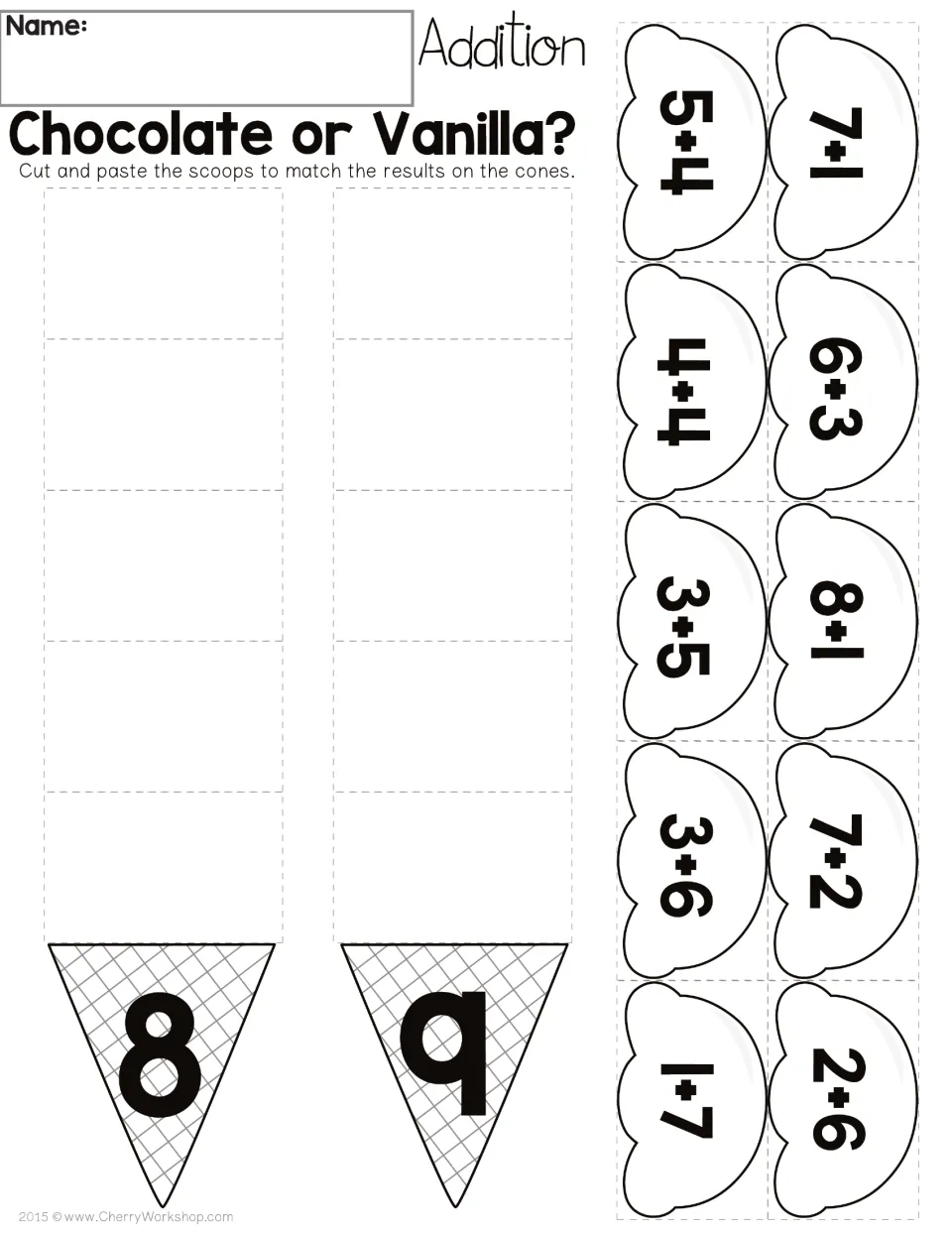 Chocolate or Vanilla? addition sort: students cut out 10 scoops like 5+4 and 3+5 and stack them on the cone for 8 or 9