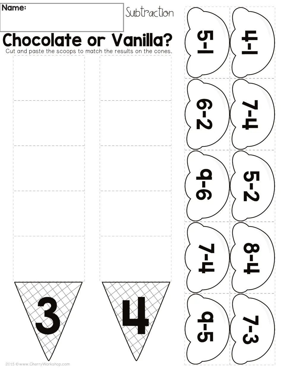 Chocolate or Vanilla? subtraction sort: students cut out 10 scoops like 7-4 and 5-1 and paste each on the cone for 3 or 4
