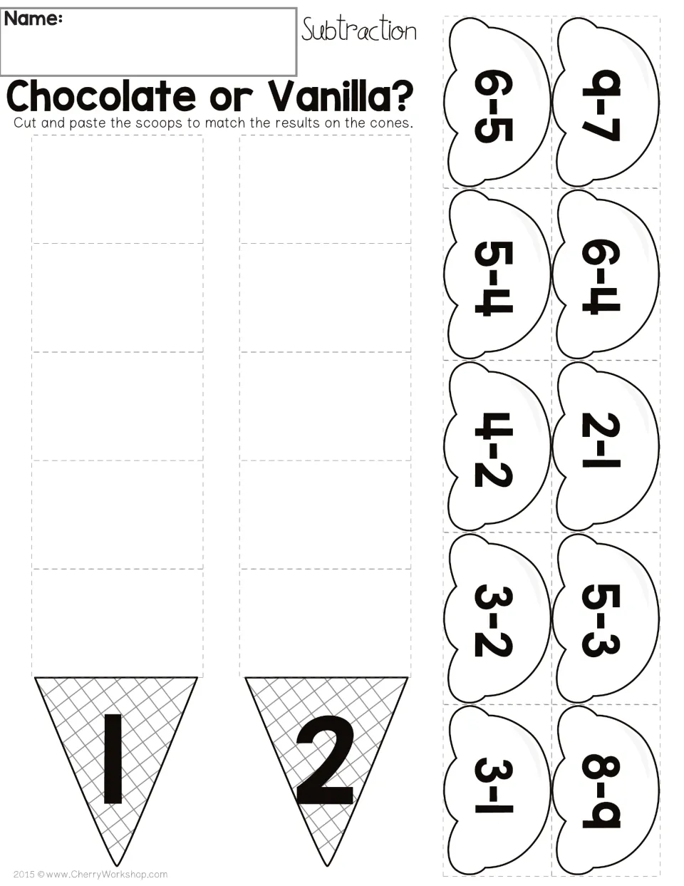 Chocolate or Vanilla? subtraction sort: students cut out 10 scoops like 6-5 and 4-2 and stack each on the cone for 1 or 2