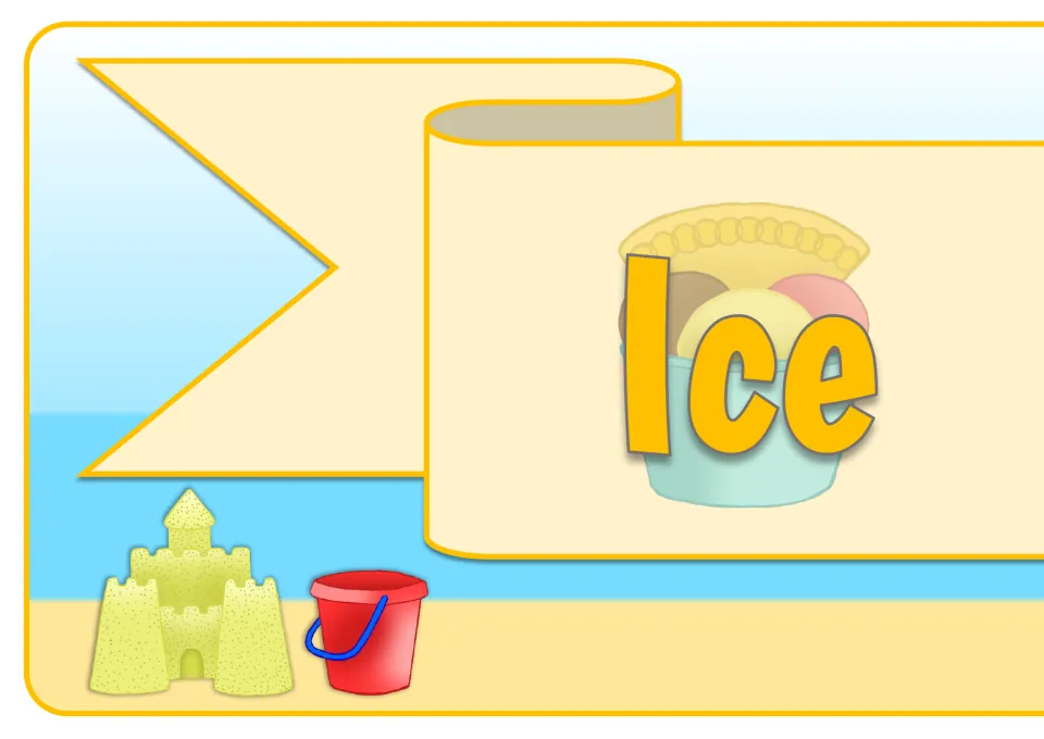 Banner cut-out piece reading "Ice" over an ice cream bowl, with a sandcastle and red bucket on a beach scene