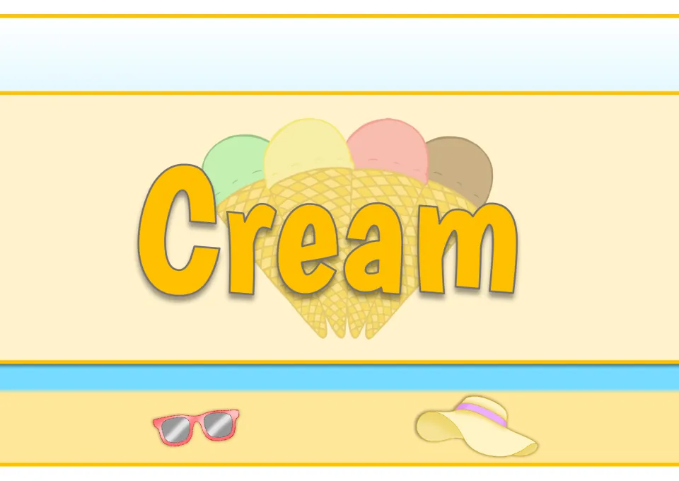Middle banner cut-out piece reading "Cream" over four ice cream scoops in cones, with sunglasses and a sun hat below
