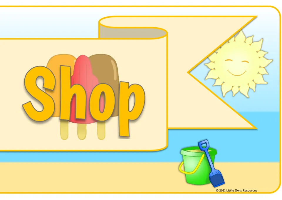 Final banner cut-out piece reading "Shop" over three ice lollies, with a smiling sun and a green bucket and spade