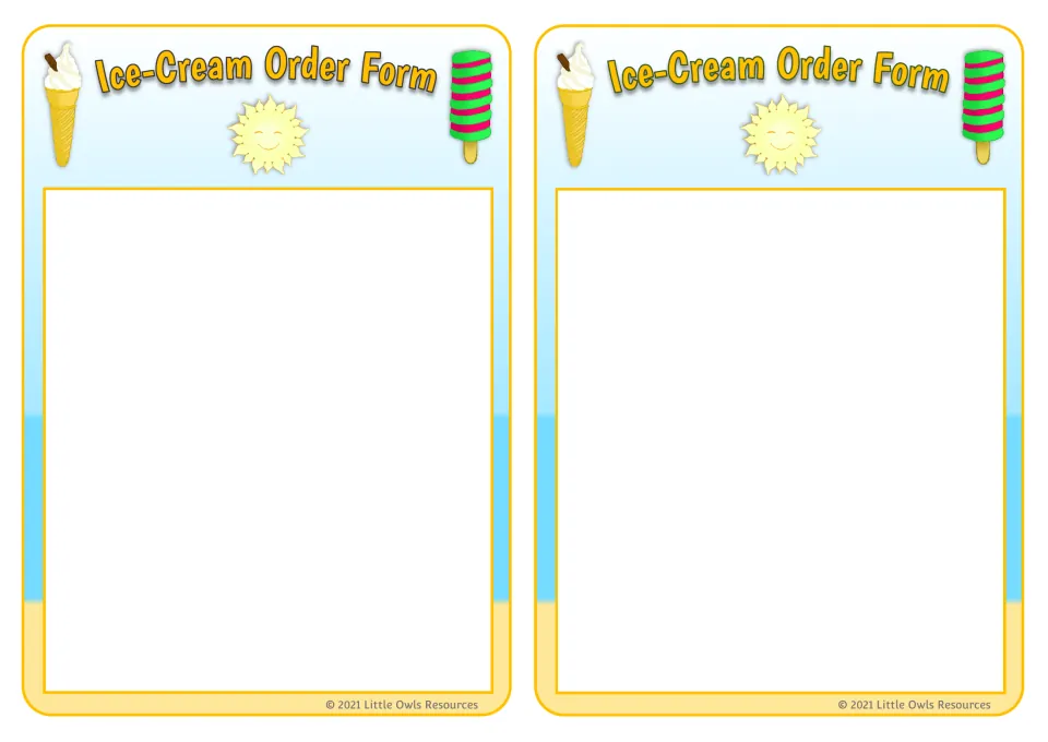 Two Ice-Cream Order Form sheets with blank space for children to write or draw customer orders during pretend play