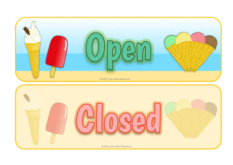 Open and Closed shop signs decorated with a soft-serve cone, red ice lolly and scoops of ice cream to cut apart