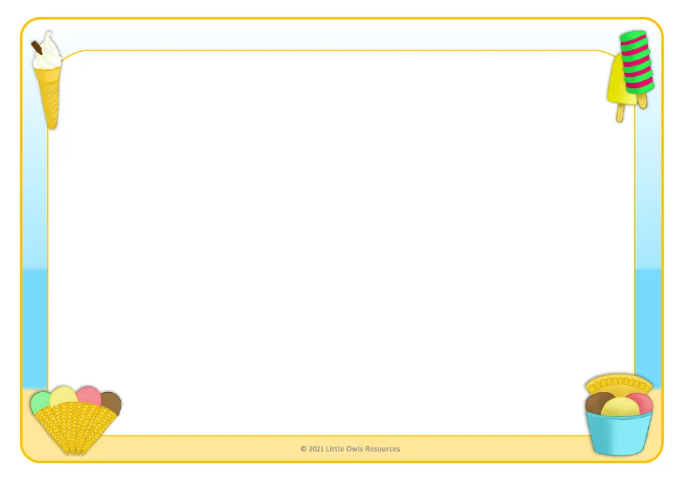 Blank ice cream themed page decorated with a cone, ice lollies, scoops and a tub for drawing or writing a menu