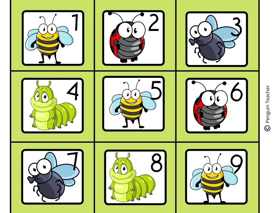 Date cards 1 to 9, each showing a cartoon bee, ladybug, fly or green caterpillar beside its number, ready to cut apart