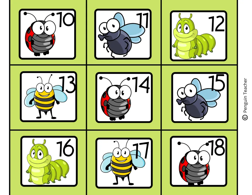 Date cards 10 to 18 with smiling ladybugs, flies, bees and caterpillars, one numbered bug per card for posting each day