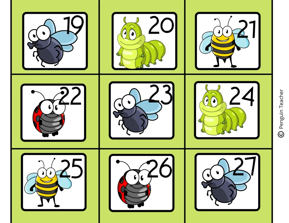 Date cards 19 to 27 featuring cartoon flies, caterpillars, bees and ladybugs, each card labeled with a large day number