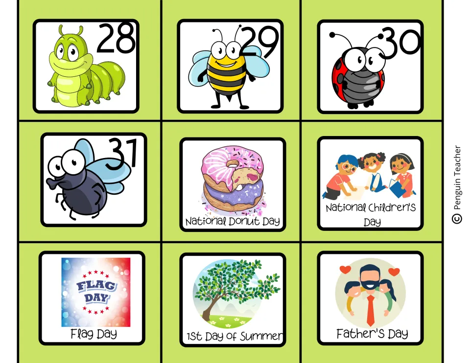 Date cards 28 to 31 plus picture cards for Donut Day, Children's Day, Flag Day, 1st Day of Summer and Father's Day