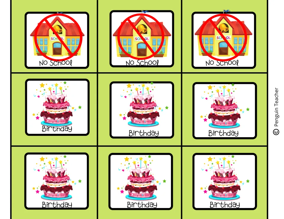 Calendar markers: three No School tags show a crossed-out schoolhouse, while six Birthday ones feature a tiered pink cake