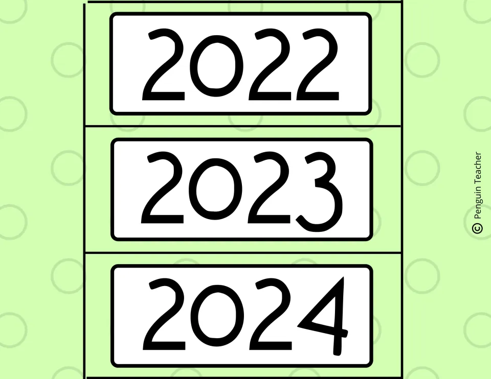 Year labels 2022, 2023 and 2024 in large black numerals, cut apart to show the year on the calendar display