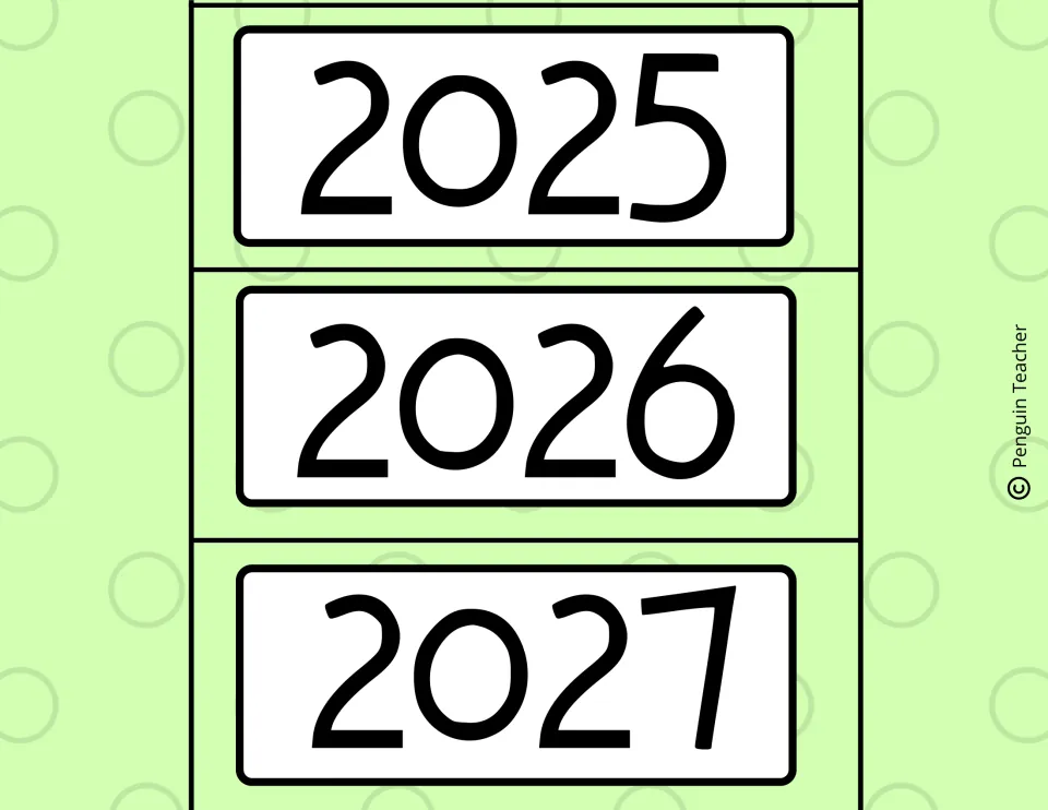 Year labels 2025, 2026 and 2027 printed as large numerals, continuing the set of year strips for future calendar use