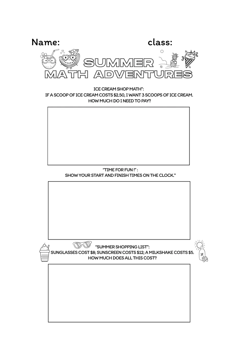 Summer Math Adventures: students solve money word problems for ice cream and a shopping list and show start and finish times