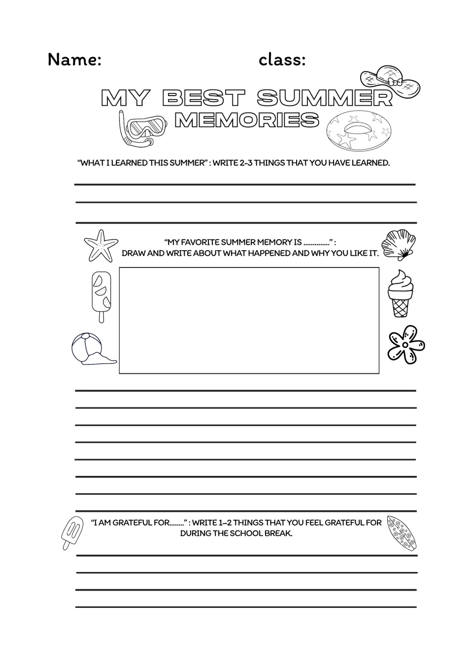 My Best Summer Memories: students write what they learned, draw a favorite memory and list things they are grateful for