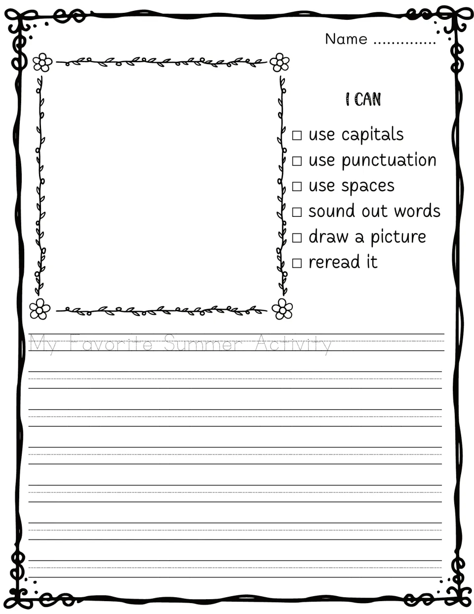 My Favorite Summer Activity: students trace the prompt, sketch the activity and write about it using the I CAN self-check