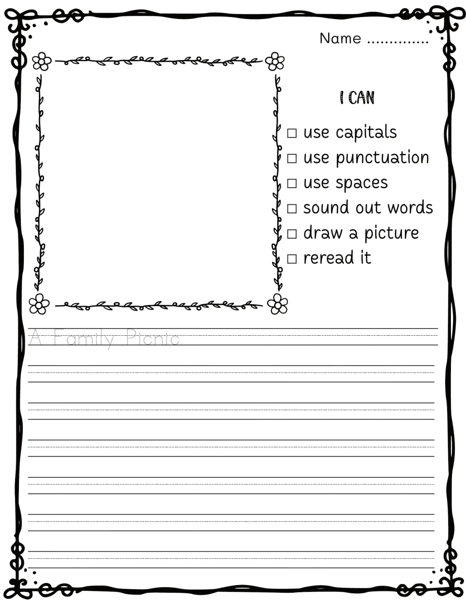 A Family Picnic: students trace the title, picture a family picnic and write about it, then reread to check their work