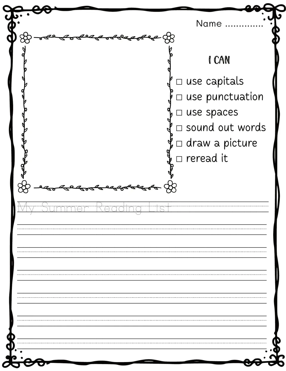 My Summer Reading List: students draw and write about their summer reading, ticking a capitals and punctuation check