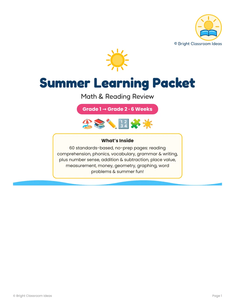 Summer Learning Packet cover: math and reading review for Grade 1 to Grade 2 across six weeks