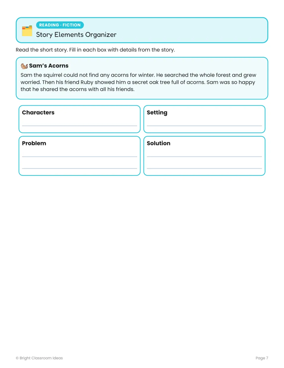 Story elements practice: Sam’s Acorns asks students to identify characters, setting, problem, and solution