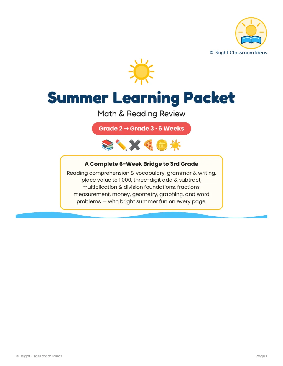 Summer Learning Packet cover: six weeks of math and reading review for students moving from grade 2 to 3