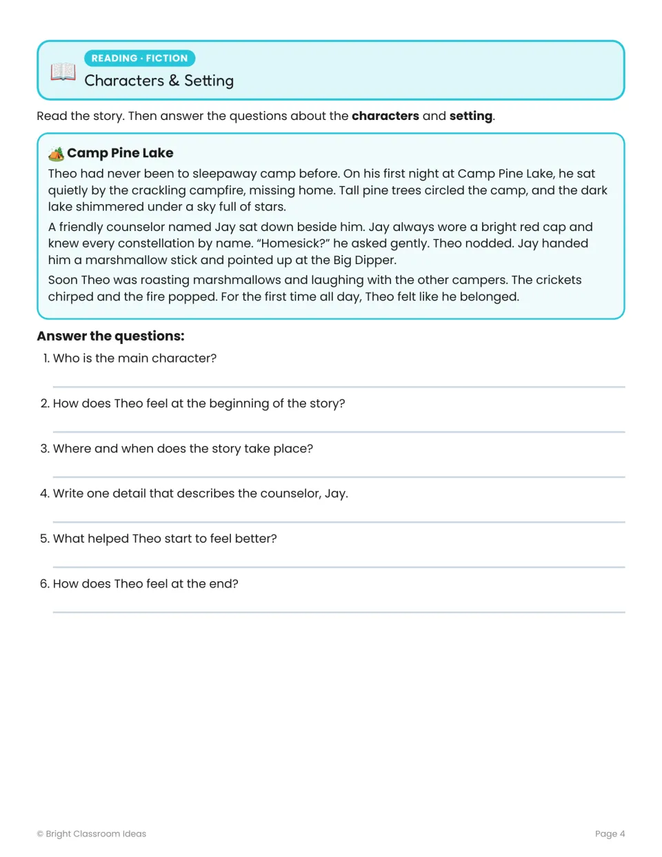 Characters and setting practice uses Camp Pine Lake, with six questions about Theo, counselor Jay, and camp