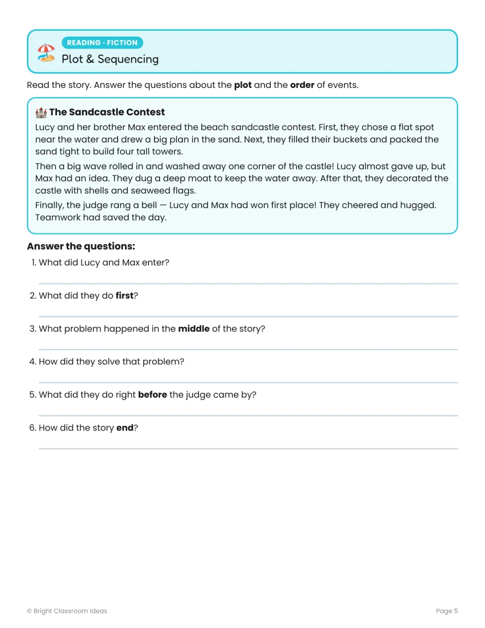 Plot and sequencing practice uses The Sandcastle Contest, with six questions about Lucy and Max's teamwork