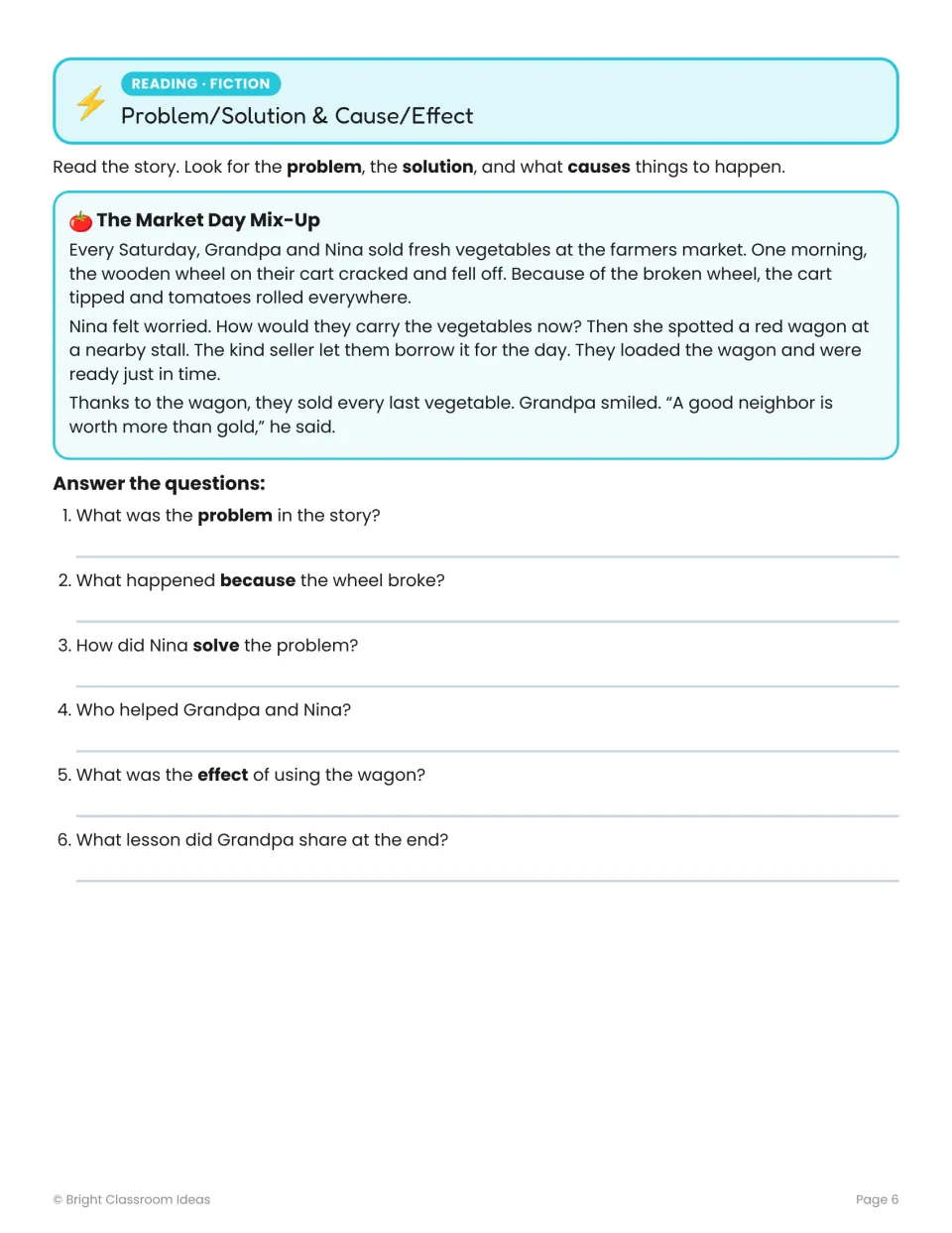Problem, solution, cause, and effect practice uses The Market Day Mix-Up, with six questions about a broken cart