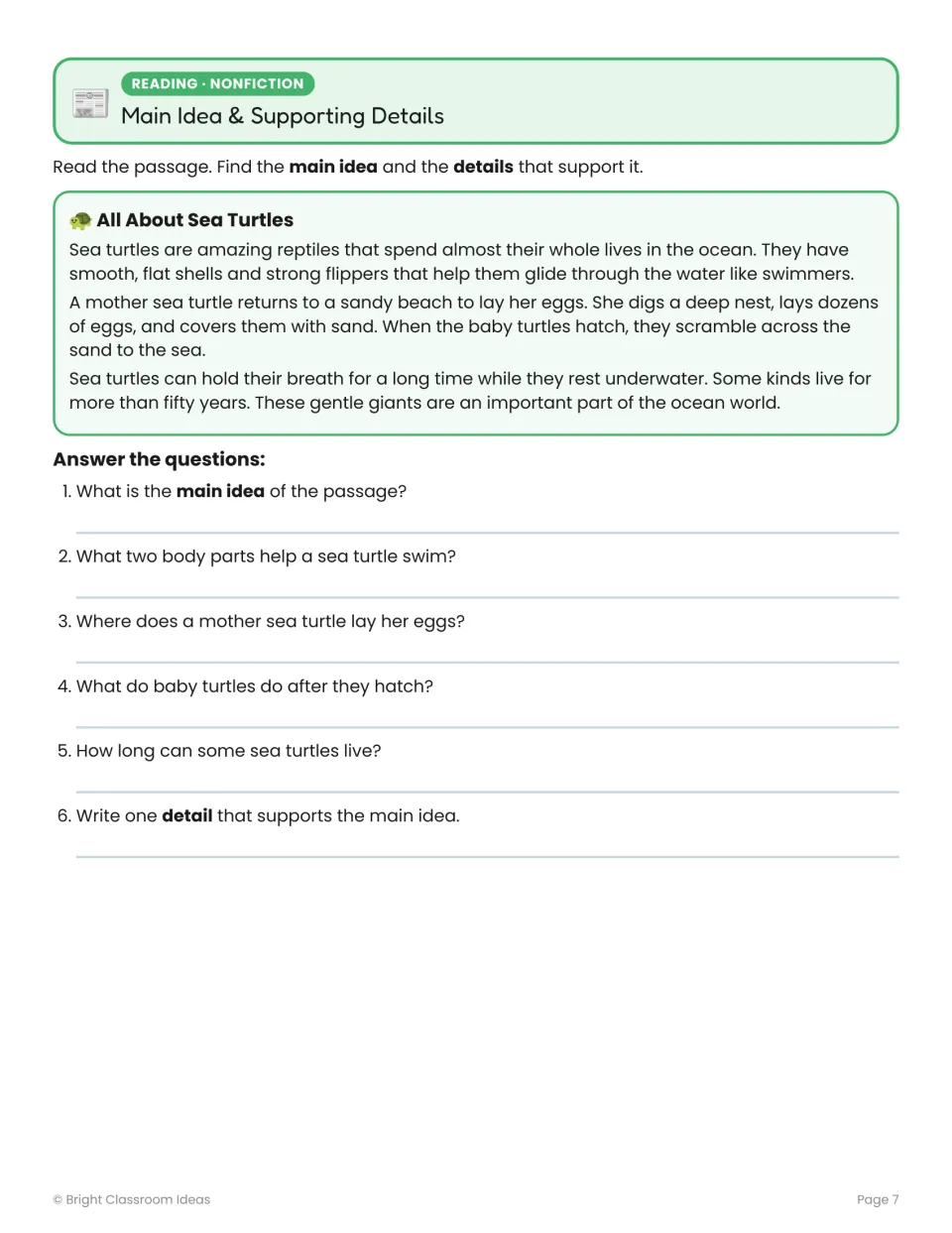 Main idea and supporting details practice uses All About Sea Turtles, with six questions about the passage